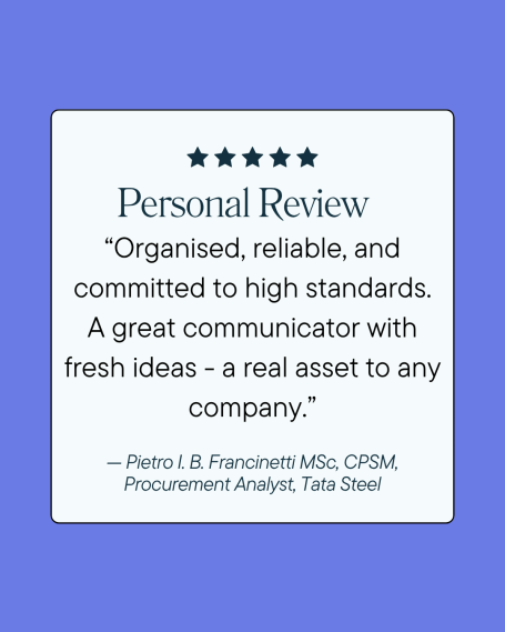 Personal review highlighting strong organisational skills and effective communication.