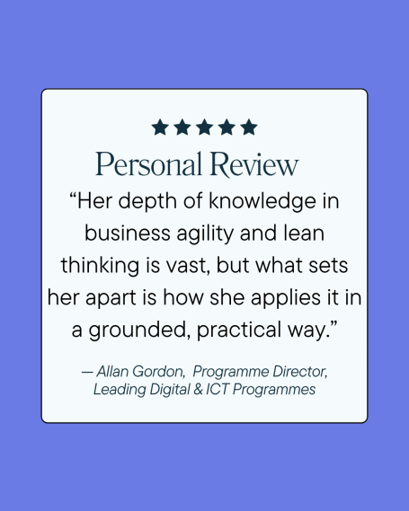 Personal review highlighting expertise in business agility and practical application.